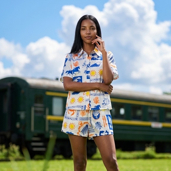 Endless MCON Pants - Endless MCON Coastal Print Matching Set NWT S Shirt Shorts Euro Summer Fit